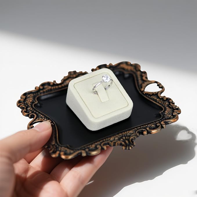 Funly mee Antique Trinket Dish Vintage Jewelry Tray, Ring Holder (Black & Gold, S)