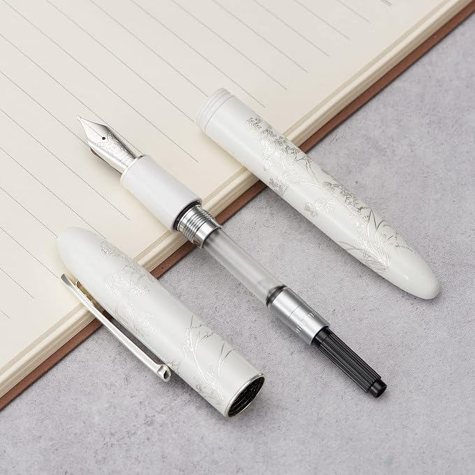 HONG DIAN N23 White Rabbit Fountain Pen, Long Blade Medium Nib Silver Trim, New Year Lucky Rabbit Carving Design, Smooth Writing Pen with Converter and Metal Pen Box Set