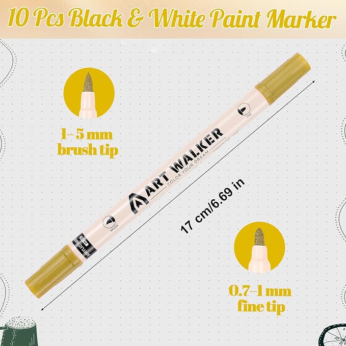 Thboxes Gold Paint Markers 10 Pack, Dual Tip Acrylic Pens | 1mm Fine Tip & 1-5mm Brush Tip, Water-Based Ink, Works On Wood, Glass, Rock, Plastic, Canvas and Fabric