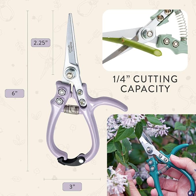 Modern Sprout Pruning Shears- Garden Snips - Herb Scissors- Lavender 1-Pack | Lightweight Gardening Tool - Durable Carbon Steel Blade W/Easy-Lock - Gardening Supplies - Flower Cutter - Reusable Holster