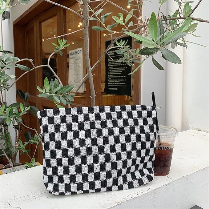 PAZIMIIK Checkered Makeup Bag for Purse, Small Flat Cosmetic Pouch,Black | Cute Zipper Makeup Organizer for Women, Travel Essentials, Toiletries, Makeup Brushes, Beauty Accessories&Bridesmaid Gifts