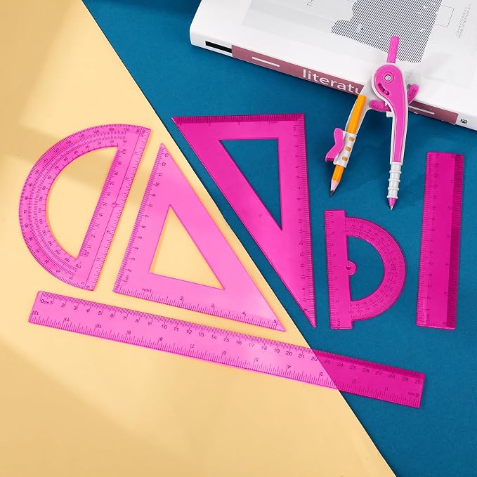 Zonon 1 Set Plastic Geometry Math Set 7 Pcs Includes 6'' / 4 '' Protractor, Drawing Compass, 45/60 Degree Triangle Rulers, 12'' / 6'' Math Ruler Transparent for Office Supplies(Pink)