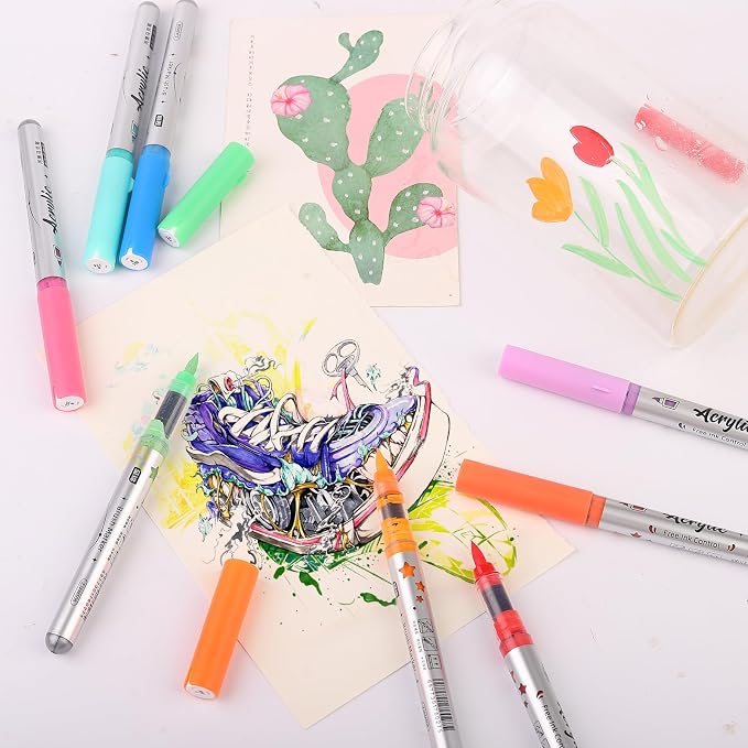24 Colors Acrylic Paint Markers, Dual Tip Acrylic Paint Pens with Brush Tip, Water Based Ink for Rock Painting, Wood, Stone, Glass, Ceramic, Canvas, Metal Fabric DIY Crafts