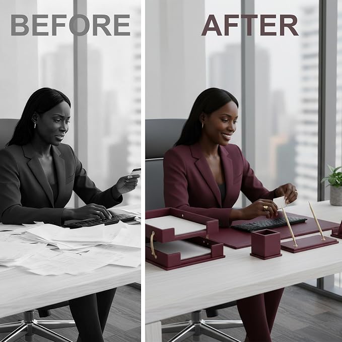 Leather Desk Set,13-Piece Desk Organizer Set, Executive Office Accessories with Desk Pad & Blotter, 2-Tier Tray, Pen Holder & More, Professional Office Desk Decor & Gift Set (Burgundy)