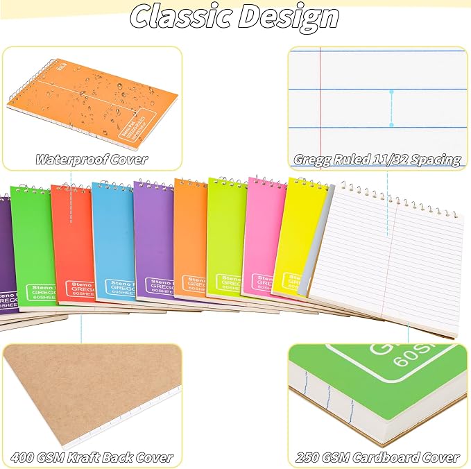 24 Pack Steno Pads 6 x 9 in Spiral Top Notebook Bulk 12 Assorted Color Note Pad 60 Sheets Gregg Rule Writing Paper Steno Notebooks for Students Teachers Men Women Professionals Office School Recording