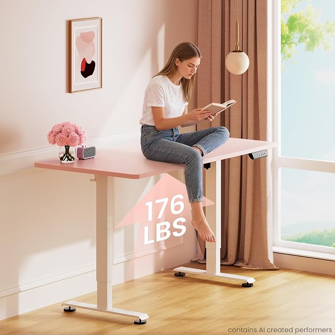 Veken 55 Inch Large Electric Standing Desk, Gaming Table, Pink | Height Adjustable Sit Stand Up Computer Tables for Home Office, Study , Writing, Suit students, employees and group work