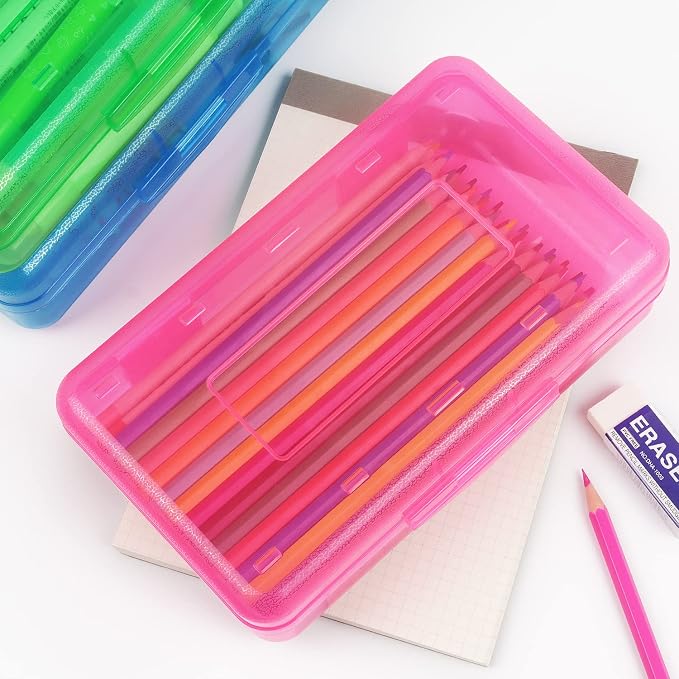 Tamaki 1 Pack Plastic Pencil Box Large Capacity, Blue, Green, Pink | Clear Boxes with Snap-tight Lid Stackable Design and Stylish Office Supplies Storage Organizer
