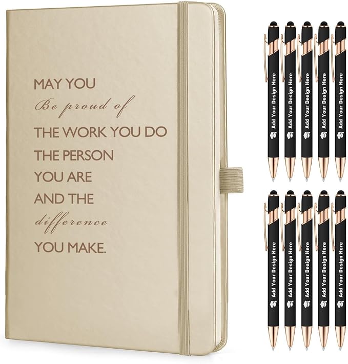 ENOMY Custom A5 Notebook Set with 10 Personalized Pens PU Leather Journal Gift, Gold