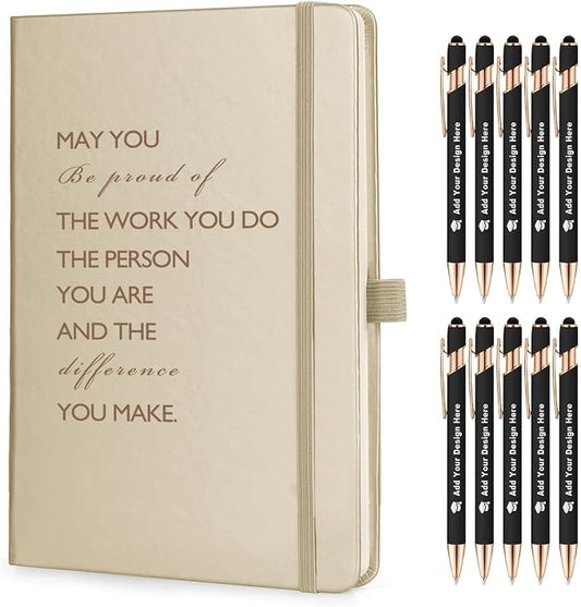 ENOMY Custom A5 Notebook Set with 10 Personalized Pens PU Leather Journal Gift, Gold