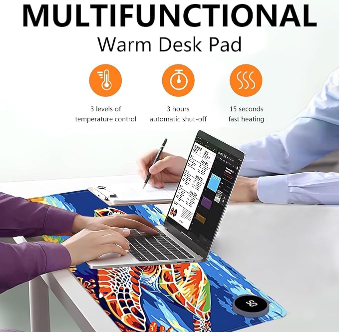 Heated Mouse Pad with 3 Levels Heated & 3 Hours Auto Shut-Off Mouse Pad for Warming Hands in Office Home, 31.5" x 13"Large Safe Desk Mat Hand Warmer，Sea Turtle
