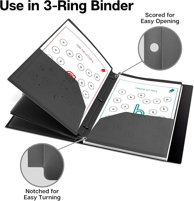 Dunwell Plastic 2-Pocket Folders for 3-Ring Binders, (3 Pack, Black) 3 Hole Punched, Divider Folder for Notebooks, Heavy Duty Poly, Fits 8.5x11 Sheets, Includes Labels