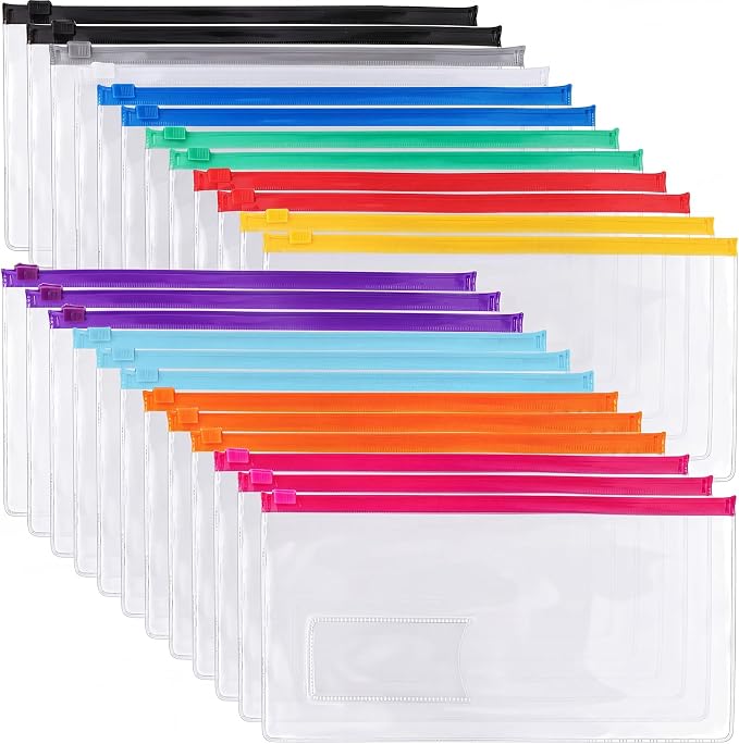 EOOUT 24pcs Poly Zip Envelope, Plastic Envelope, Reusable Envelopes, 9 x 4.7 Inches, A6 Size, 10 Colors, for Office Supplies