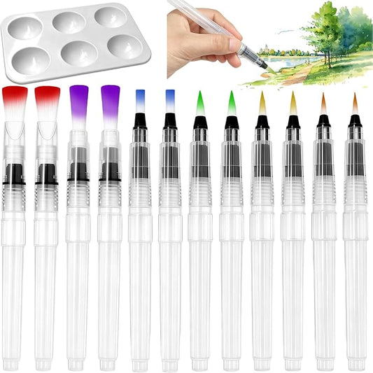 12 Pcs Refillable Watercolor Brush Pens with Palette | 12 Water Brush Pens Point & Flat Nylon Tips With Palette Reverse Thread Design For Painting Calligraphy Travel Art