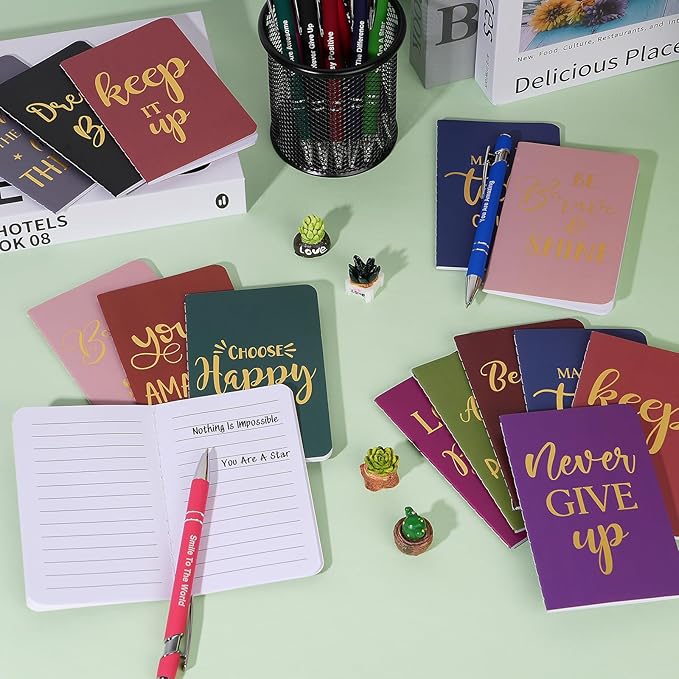 96 Pcs Bulk Motivational Pens Inspirational Notepads Set, Small Pocket Motivational Quote Notebooks and Ballpoint Pens, Mini Journals Gift Set for Kids Students Teachers School Office Prizes Supplies