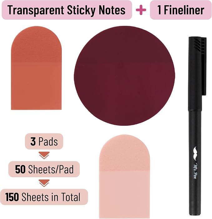 Mr. Pen- Transparent Sticky Notes Set, 150 Sheets | Transparent Sticky Notes with Black Fineliner Pen for Bible Study, Office, School, Planning, Journaling & Organization