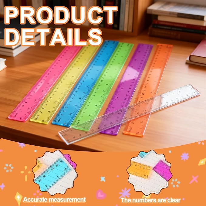 32 Pcs Multicolor Plastic Rulers - 12 Inch Shatterproof Flexible Measuring Tools with in/Cm Scales, Ideal for Classroom, Office & Art Projects