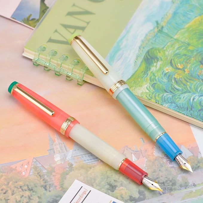 2PCS Jinhao 82 Fountain Pen Extra Fine Nib & Fine Nib with Converter, Mixed Macaroon Blue Red Gold Trim Writing Pen Set