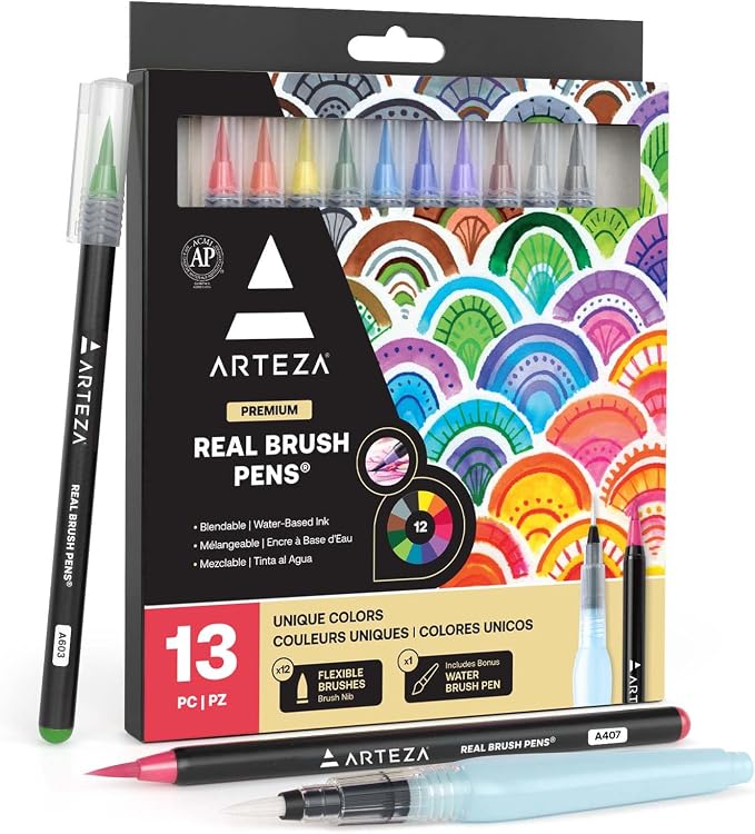 ARTEZA Real Brush Pens, 12 Watercolor Pens, Drawing Markers with Flexible Brush Tips, Watercolor Markers for Artists, and Beginners