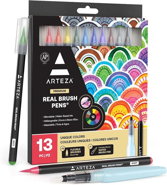 ARTEZA Real Brush Pens, 12 Watercolor Pens, Drawing Markers with Flexible Brush Tips, Watercolor Markers for Artists, and Beginners