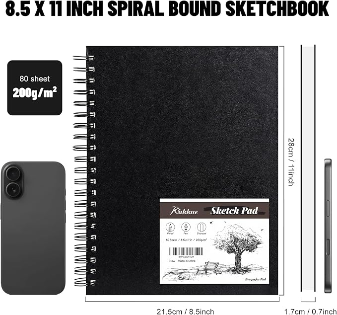 KAKKUE 8.5" x 11" 200 GSM Premium Mixed Media Sketchbook, 80 Sheets (160 Pages), Hardcover Spiral Bound Drawing Pad, Acid-Free Thick Artist Paper for Watercolor, Illustration & Professional Sketching