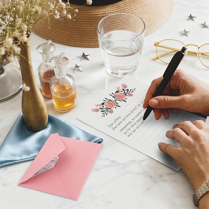 37 Pcs Stationery Paper Envelopes Set Includes 24 Lined Writing Paper & 12 Envelopes with 48 Round Stickers, Warm Floral Themed Letter Stationary Set for Wedding Invitations Wishes Flower(6 Style)
