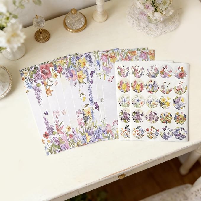 160 Pcs Stationery Paper Envelopes Set Includes 50 Writing Paper & 50 Envelopes with 60 Round Stickers, Cute Lovely Floral Letter Writing and Stationery Paper Envelopes for Girls Boy Office(10Style)