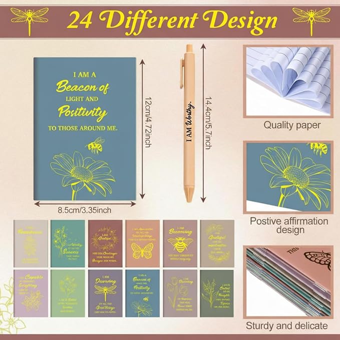 Mooliwe 48 Pcs Positive Affirmation Gift Set Gratitude Notebooks with Pens Small Bags Motivational Encouragement Notepads Daily Affirmations Journal for Women Stress Relief Self Care (Morandi)