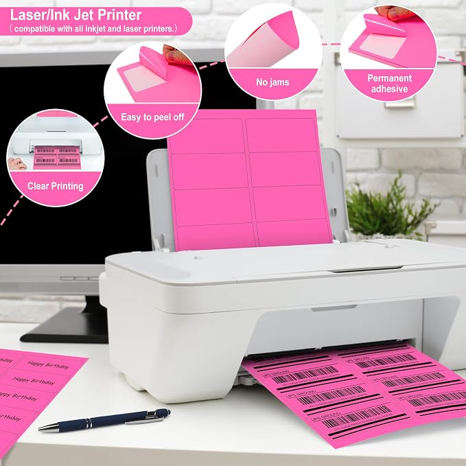 L LIKED 300 Fluorescent Pink Labels, 2"X4" Neon Colored Labels Handwritten or Inkjet/Laser Print for Shipping Envelopes & Small Packages - 30 Sheets