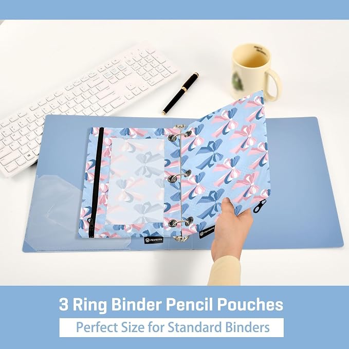 Pink Bow Blue Pattern Pencil Pouch for 3 Ring Binder 2 Pack Zipper Binder Pencil Bag with Clear Window Pencil Case for Office Supplies