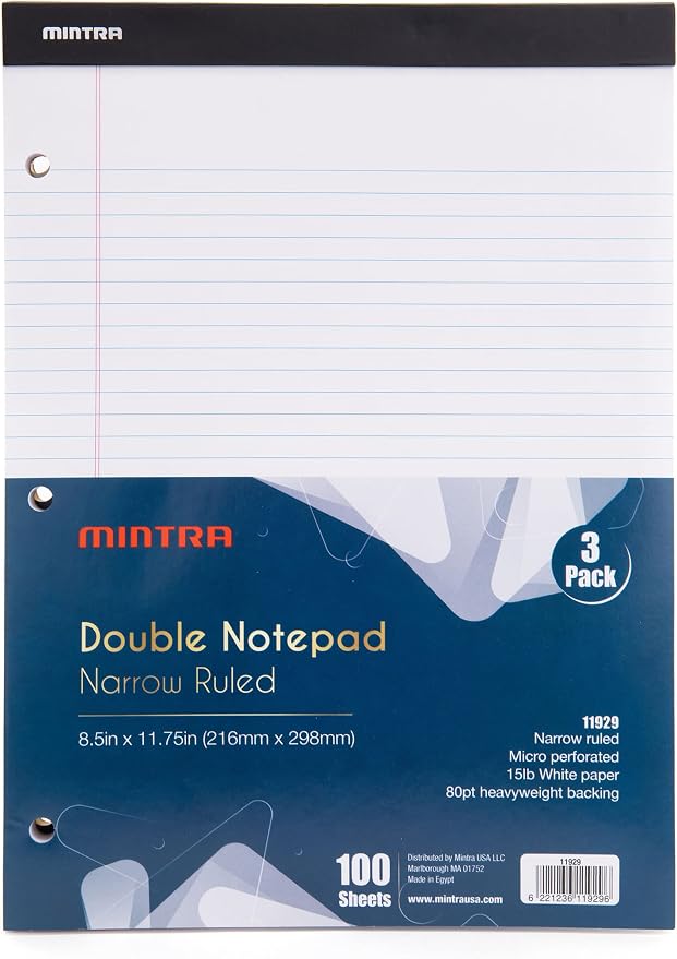 Mintra Office White Legal Pads – Ruled Notepads and Micro-Perforated Sheets, Ideal for Writing, Note-Taking & Creativity, Office, or Professional Use, Double Pad 3 pack, 8.5"x11" (Narrow Ruled)