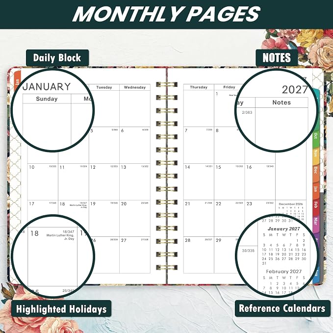 2027 Planner - Jan. 2027 - Dec. 2027, Calendar Monthly Planner 2027 Spiral Bound, 6.3" x 8.4", 2027 Planner Weekly and Monthly with Hardcover, 12 Monthly Tabs, Thick Paper, Pocket