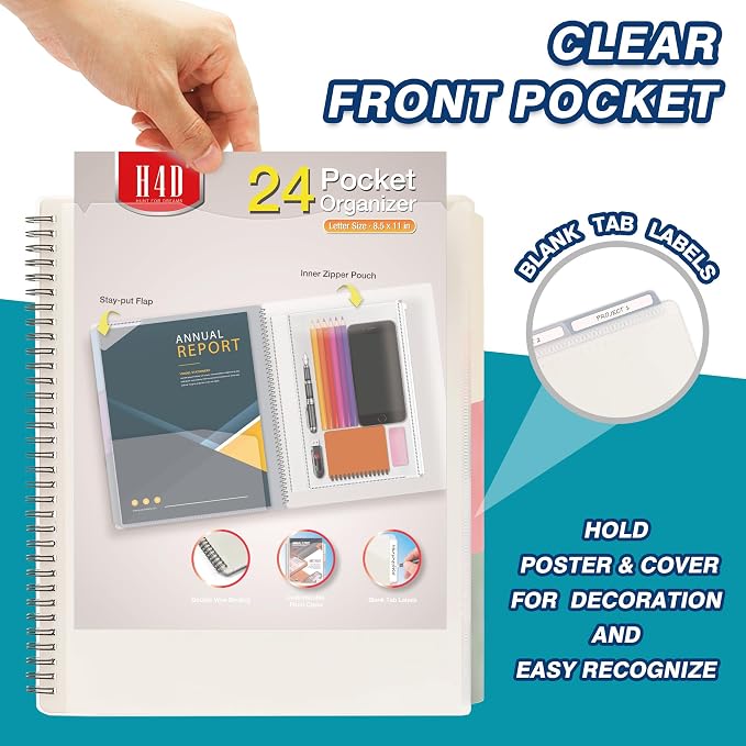 H4D 24 Pocket Poly Project Organizer, Multi Pocket Folder, Pastel Colors | Spiral, Multi-Subject, Folder Notebook, Letter Size