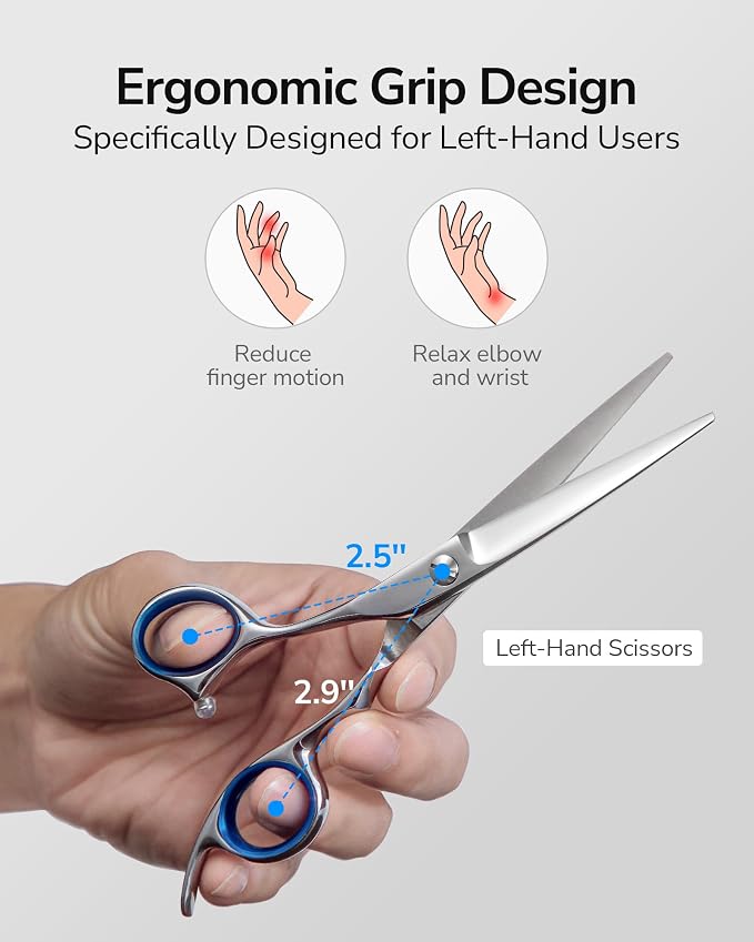 ULG Professional Hair Cutting Scissors 6.5" Blue Left-Handed | Razor Edge Barber Shears, For Salon and Home Hair Cutting Shears, Japanese Stainless Steel, Hand Sharpened