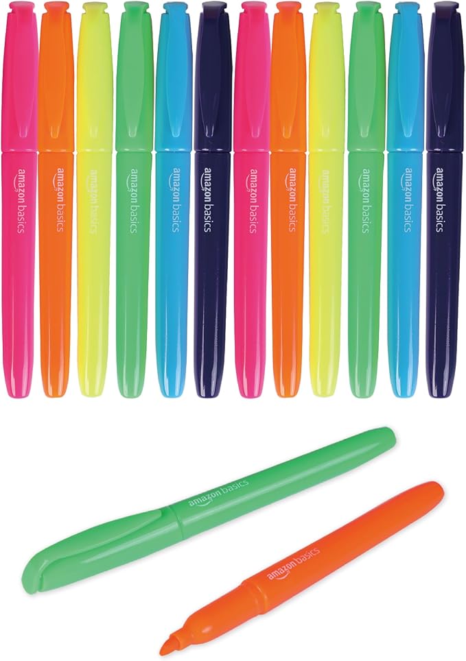 Amazon Basics Chisel Tip Highlighters, Fluorescent Ink, Vibrant Assorted Colors, School Supplies, 12-Pack