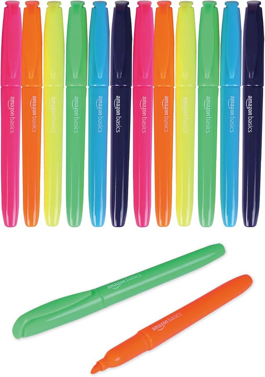 Amazon Basics Chisel Tip Highlighters, Fluorescent Ink, Vibrant Assorted Colors, School Supplies, 12-Pack