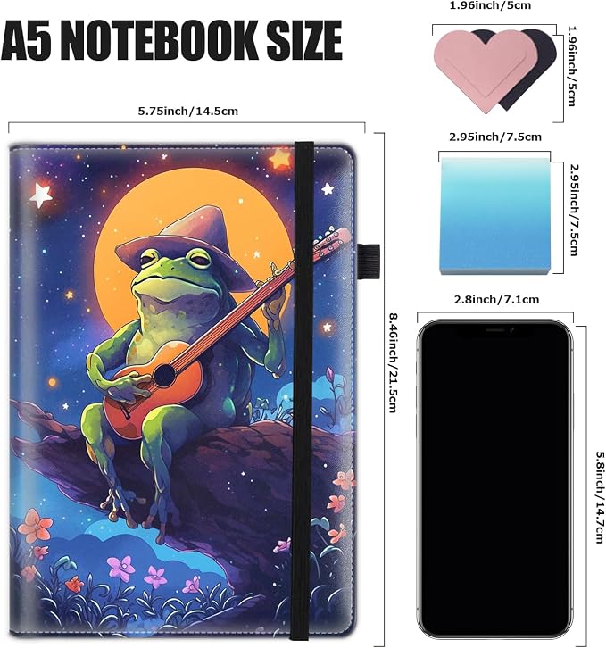 Hardcover Executive Notebooks, A5 PU Leather Lined Journal Notebook, 200 Pages Thick Paper Subject Notebooks for School,Work,Home Writing Business Notebook, Diary Book ， Watercolor Frog