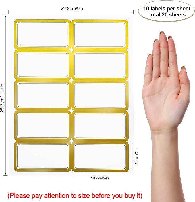 20 Sheets Printable Shipping Labels Matte White with Metallic Gold Border, Writable Printable Adhesive Sticker Blank Shipping Labels(10 Pieces/Sheet,2 x 4 Inch)