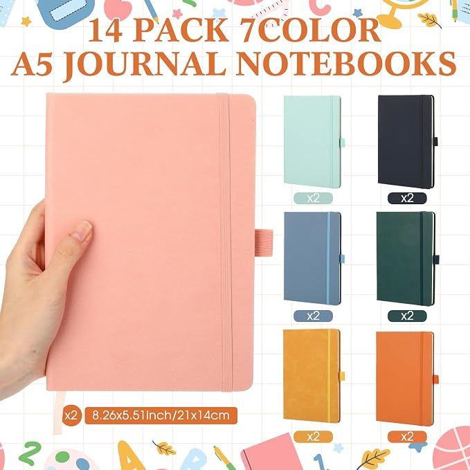 Laumoi 14 Pack Hardcover Journal Notebooks Bulk A5/A4/B5 Journaling Notebook Wide Ruled PU Leather Ruled Lined Journals with Pen Holder for School Business Work Writing (Earth Tone,A5)