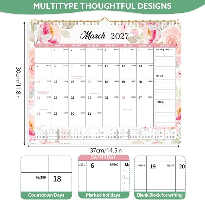 2026-2027 Wall Calendar, 14.5" x 11.8" 18 Month Green Leaves | July 2026-December 2027 120Gsm FSC-Certified Paper Monthly Calendar, Twin-Wire Binding, Ruled Blocks, Holiday Reference