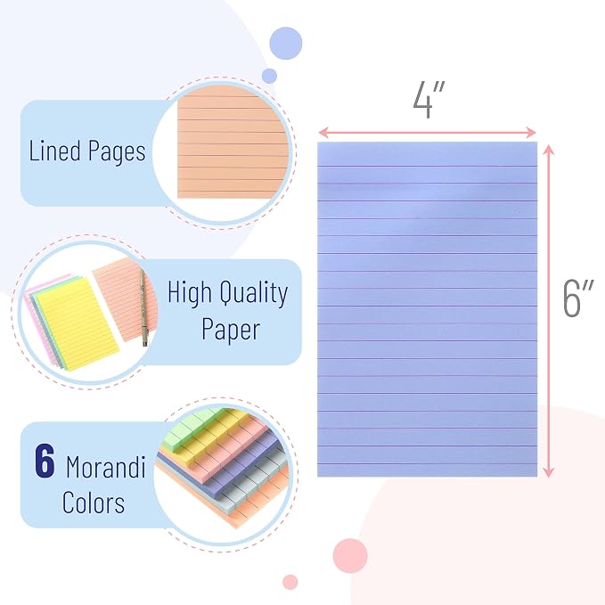 Mr. Pen- Lined Sticky Notes, 4" x 6", 6 Pads, 45 Sheets/Pad | Sticky Notes with Lines, Ruled Post Stickies, Memo Pads, Self-Stick Note Pad for Office, School, Home, Study