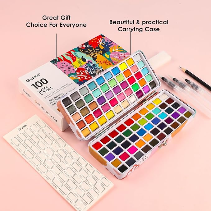 Grabie 100 Colors Watercolor Paint Set - 50 Regular, 35 Metallic, 10 Macaron and 5 Fluorescent Colors - Portable with Carrying Case, Water Brush Pens, and Accessories - For Beginners and Professionals, Set of 100