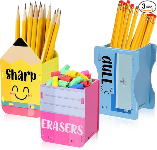 AmazingSpark 3 Pcs Pencil Shaped Holder Sharp and Eraser and Dull Holder Wooden Dispenser Pencil Storage Organizer for Back to School Management Organization(Cute)