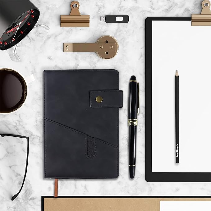 Lined Journal Notebook with Pen, A5 Personalized Hardcover Leather Journal for Men Women, 200 Pages 100 GSM Thick Paper College Ruled Notebooks for Work Travel School Writing Diary 5.9" X 8.4" Black