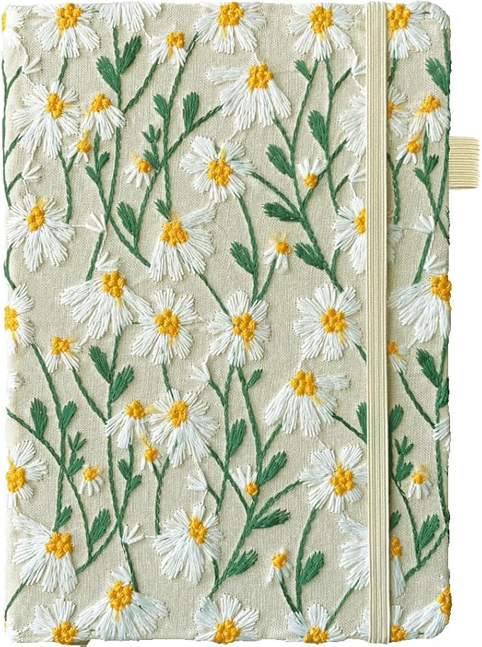 Daisy Gifts, Embroidered Journal, Floral Notebook, A5, 8"x6", Lined, Wide Ruled Paper, Hardcover, Lay Flat, Pretty Journal for Women, Personal Journal, White Daisy Flowers, with Elastic Band