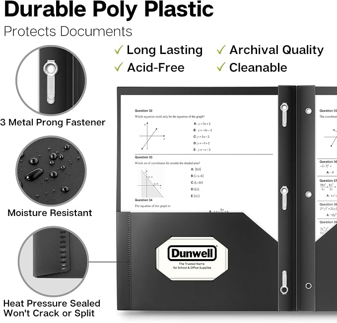 Dunwell Plastic Folders with 3 Prongs, (12 Pack, Black), 2-Pocket Folders with Fasteners, Durable Acid-Free Poly for Long Term Use, Includes Labels