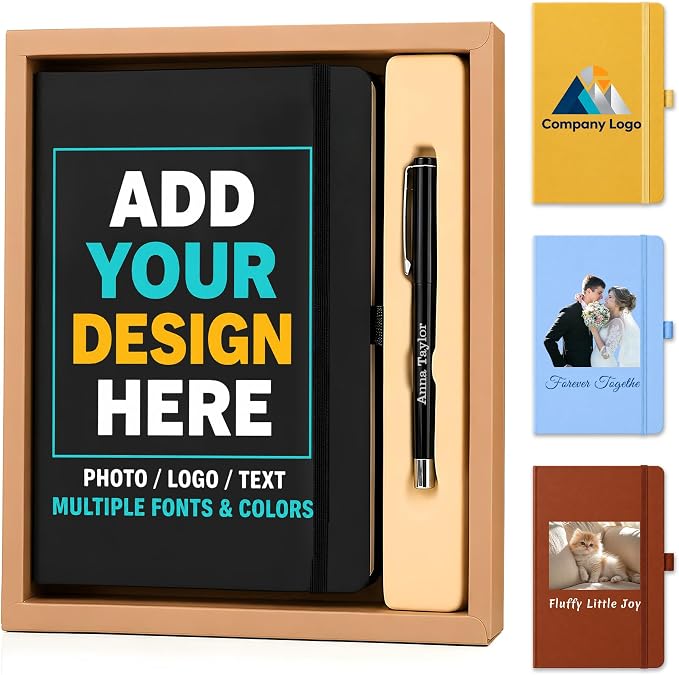 Personalized Notebook and Pen Set | A5, 200 Pages, Lined, Custom Photo, Color Printing, Leather Journal Diary Business Gifts