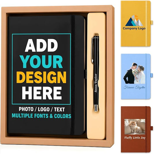 Personalized Notebook and Pen Set | A5, 200 Pages, Lined, Custom Photo, Color Printing, Leather Journal Diary Business Gifts