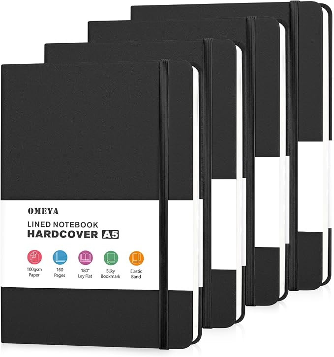 OMEYA Hardcover Journal Notebooks for Work: 4 Pack, A5 100gsm Lined Paper | Multicolor, 5.7" x 8.3", PU Leather Cover, Notebooks for Office, School, Meetings, Daily Plans and Personal Journaling