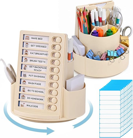 360 Rotating Pen Holder for Desk with Checklist Routine Chart Pencil Organizer To Do List Planning Board with Slider Pen Organizer with 7 Slots Desk Organizers and Accessories for Office School Home