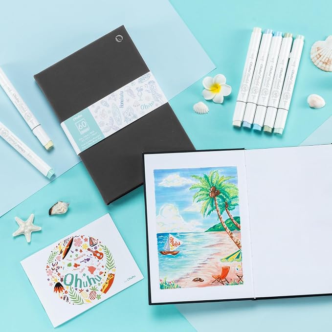 Ohuhu Double-Sided Marker Pad Art Sketchbook Bleedproof - 5.5"x8.5" Small Paper Size - 90 LB/150 GSM Smooth Drawing Paper - 60 Sheets/120 Pages - Hardcover Sketching Book for Alcohol Markers Paints